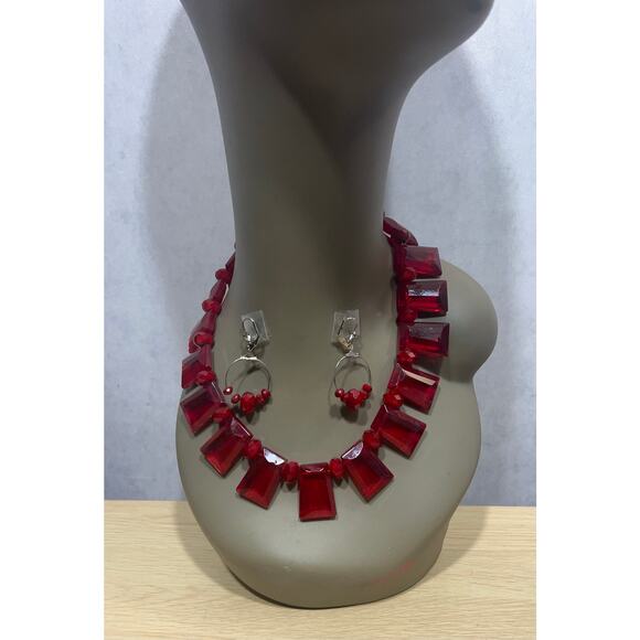 Ravishing Vintage Statement Red Quartz Necklace & Earrings Set 18” - Picture 1 of 6